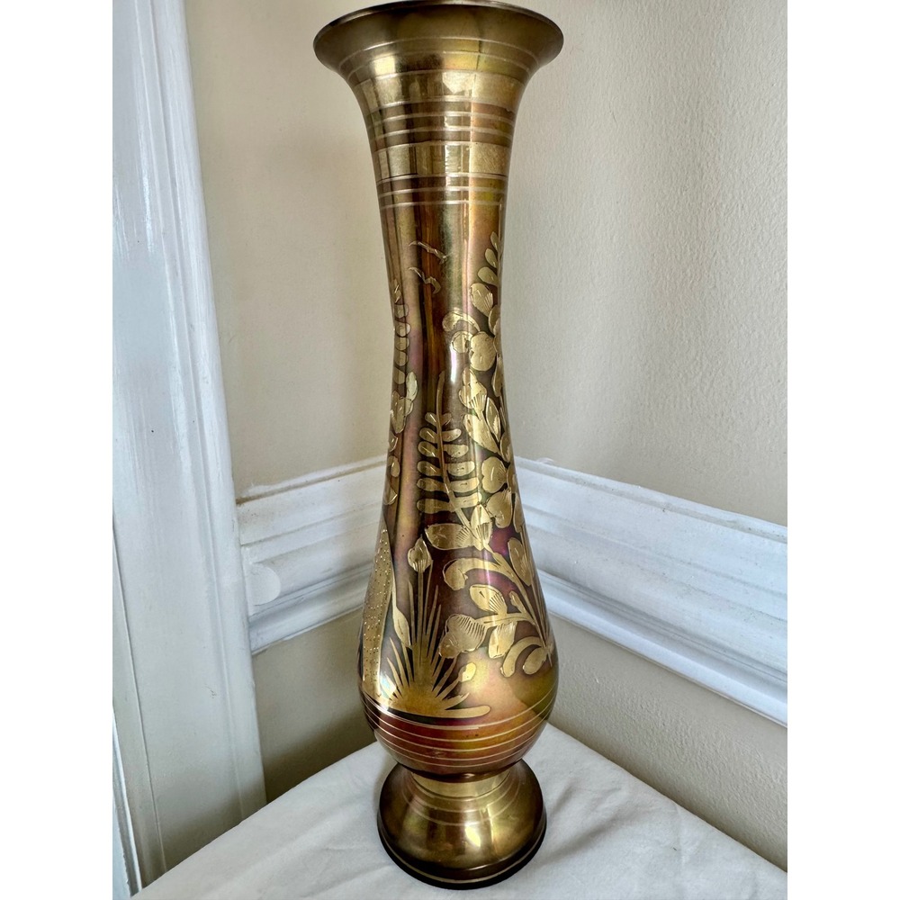Vintage Etched Brass Elephant Vase Iridescent Patina 11" Boho Hippie India Decor